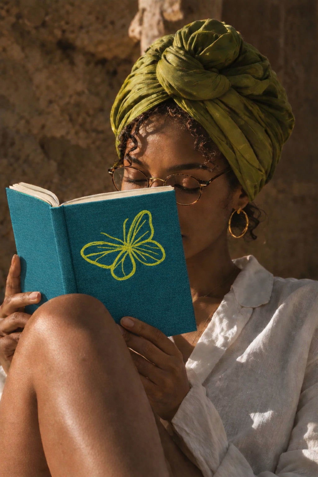 Woman reading in warm afternoon light wearing the ROVE wrap