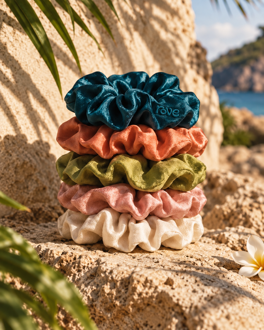 ROVE silk scrunchie set with tonal embroidered logo