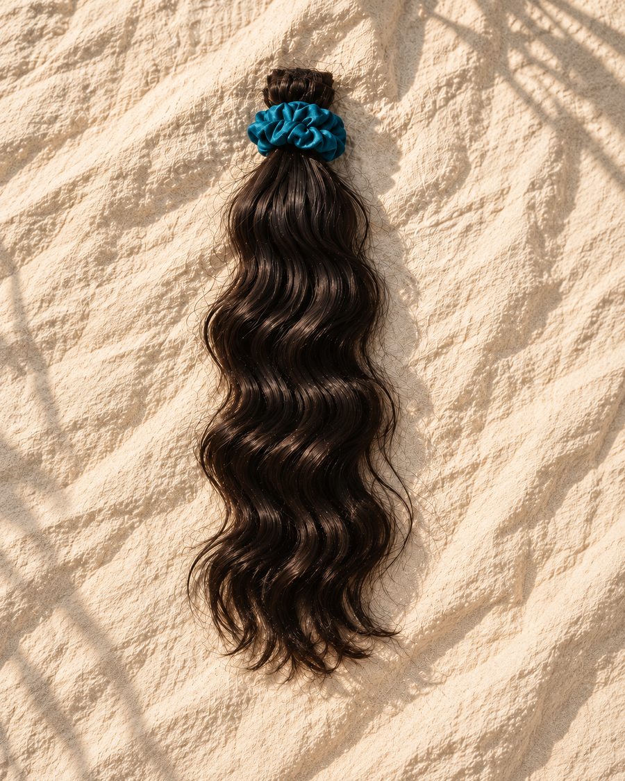 TIDE soft-wave natural hair bundle with teal silk scrunchie
