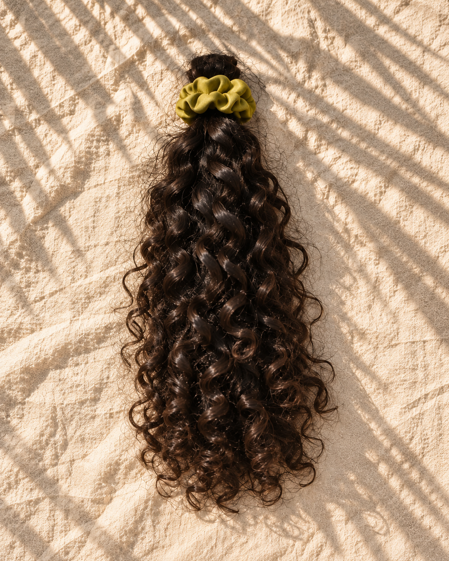 VERDE curly natural hair bundle with olive silk scrunchie