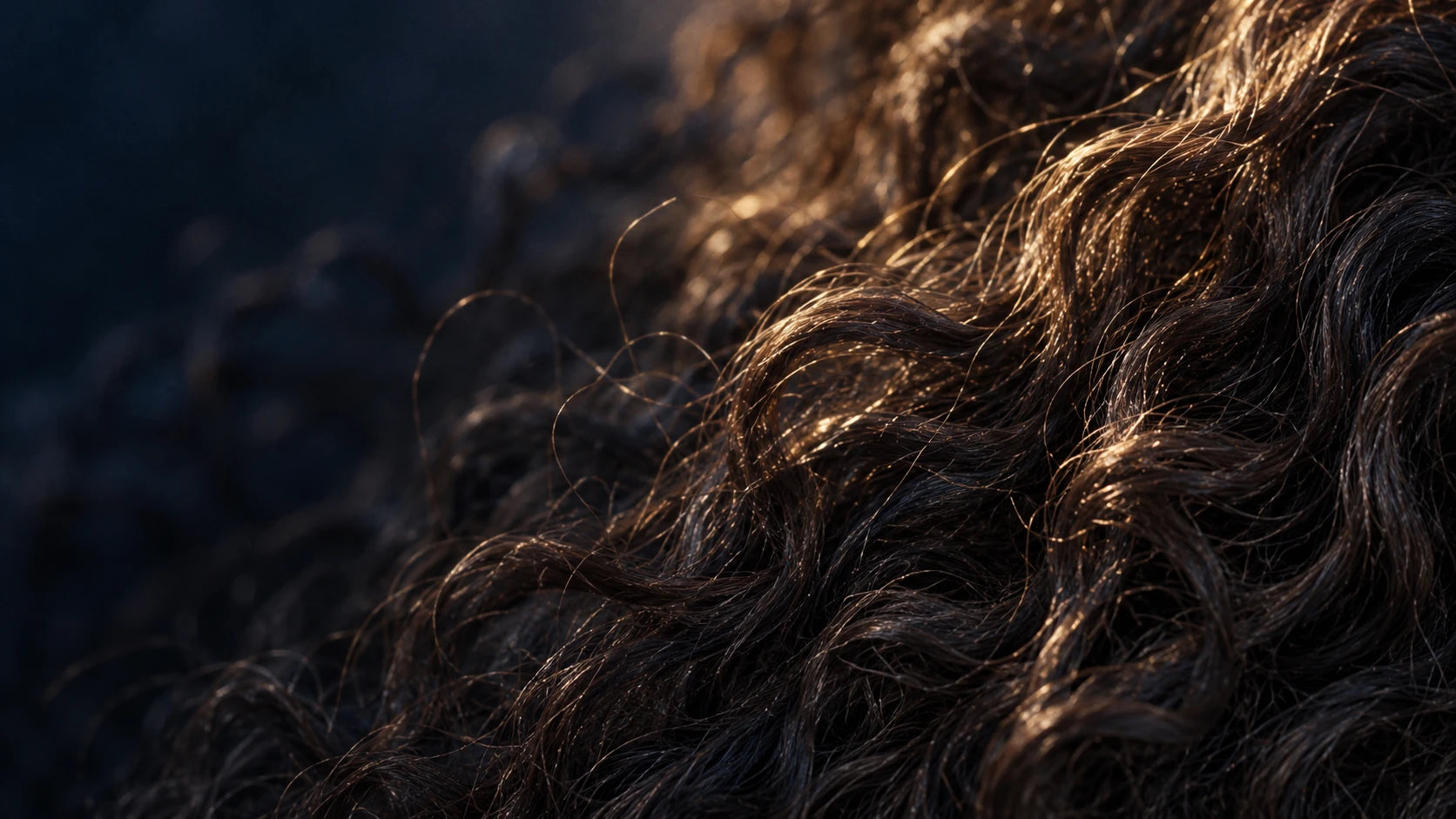 Macro view of deep brown curls with individual strands and flyaways catching sunlight