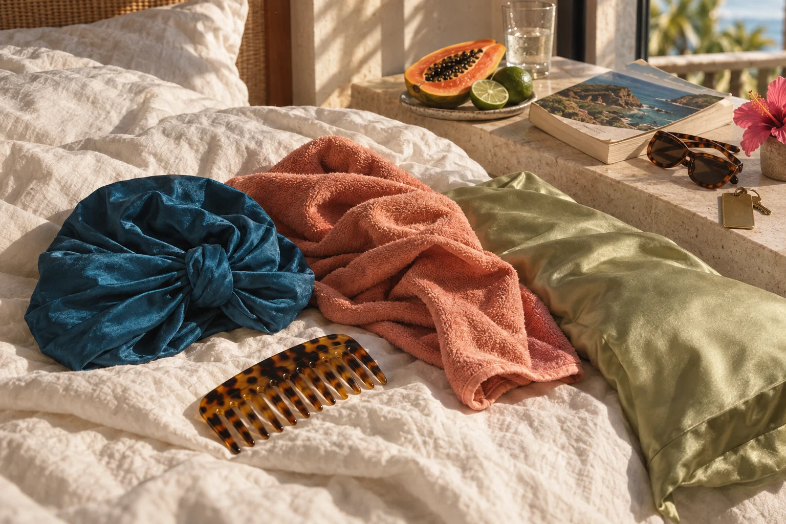 ROVE silk wrap, microfiber cloth, pillowcase and comb on a rumpled hotel bed