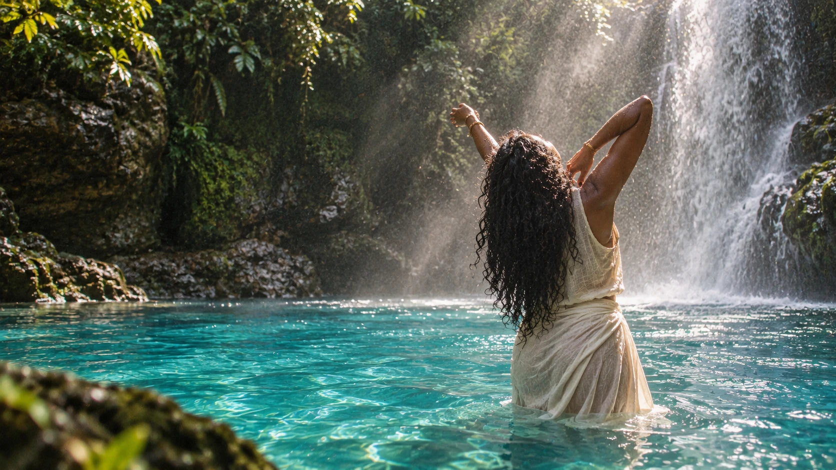 Woman with long curls standing in brilliant blue water beneath a waterfall