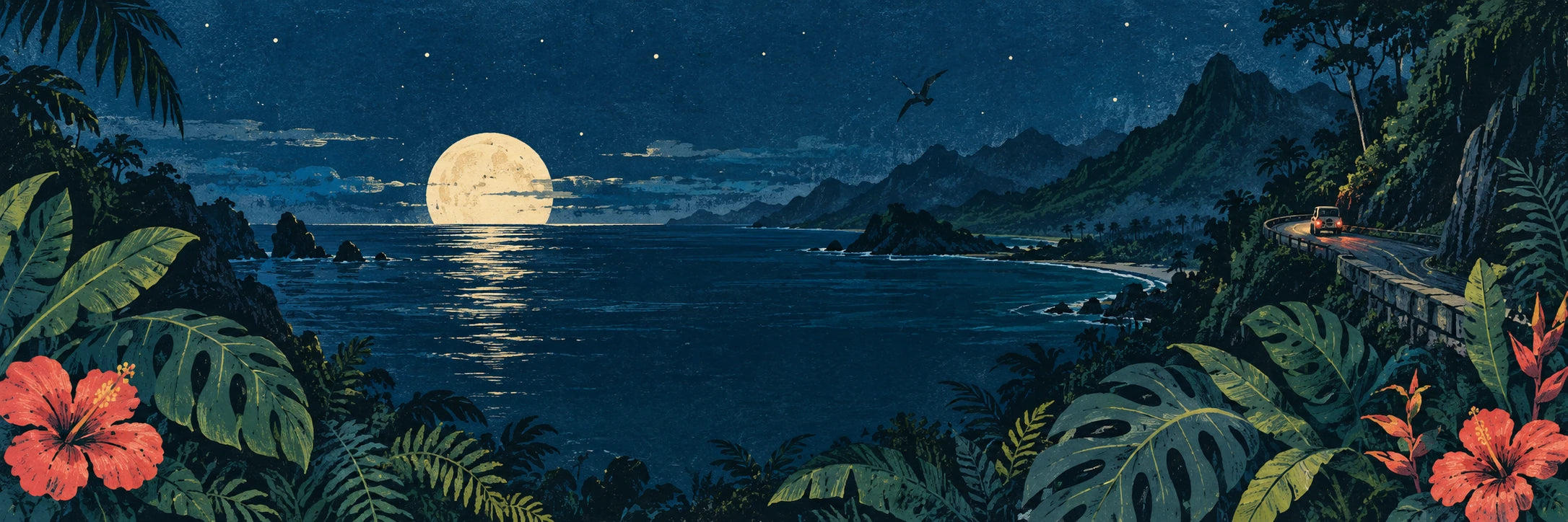 A painted moonlit tropical coastline with a Jeep winding home through the jungle